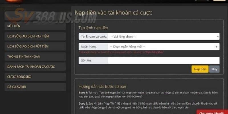 Cách nạp tiền SV388 bằng ngân hàng